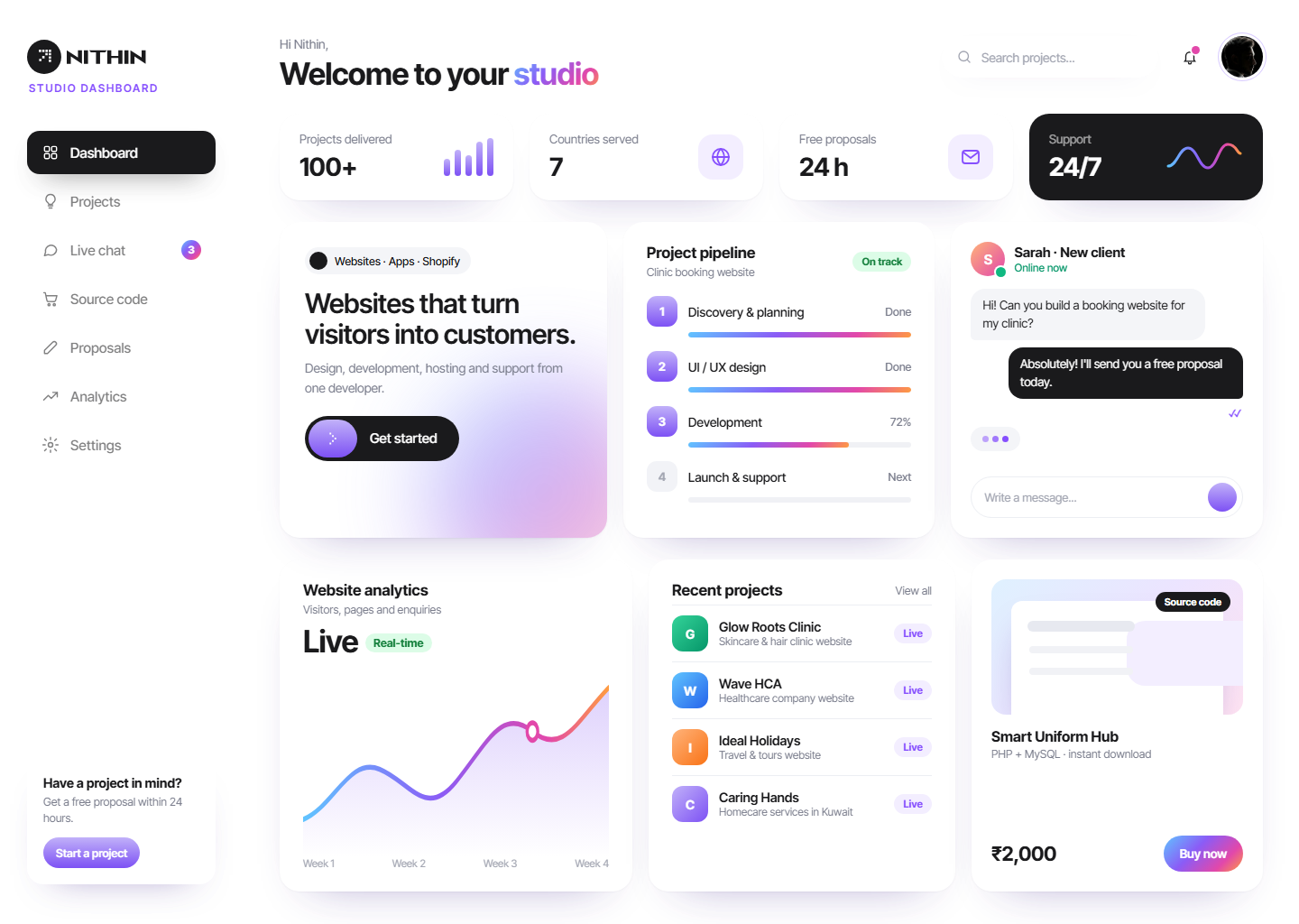 Nithin Devasia studio dashboard: projects, live chat and source code shop